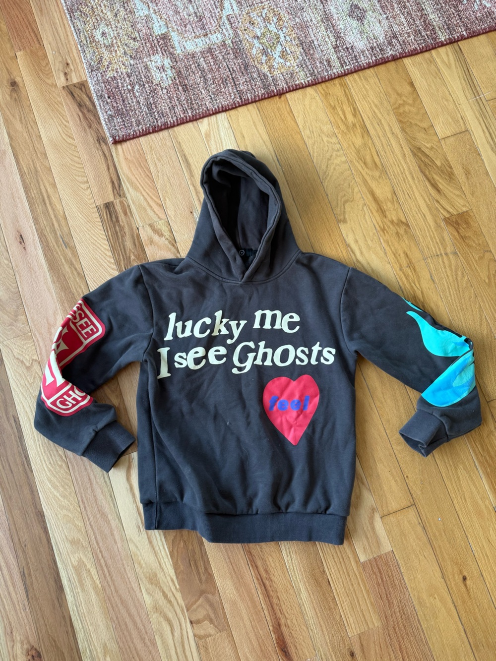 Black Graphic Hoodie with Heart and Sleeve Prints